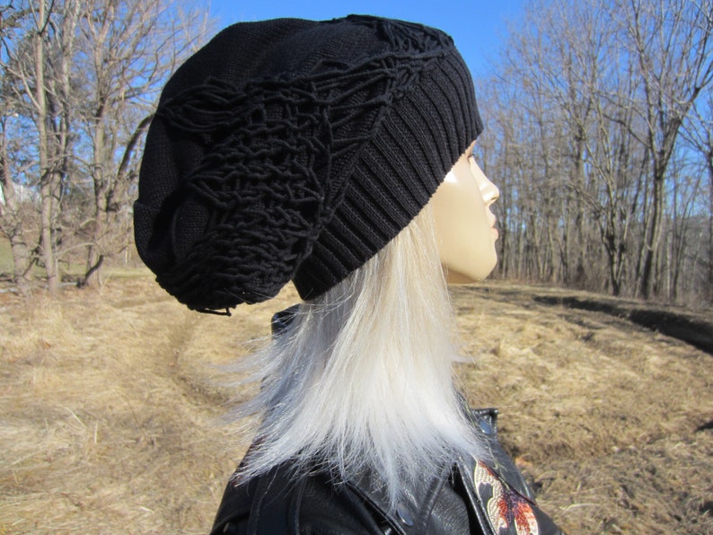 Reworked Clothing Spider WEB Sweater knit Hat Women/'s Black Tams Hats Big Head Slouchy Beanies Cotton Hand Knit Overlay A2022