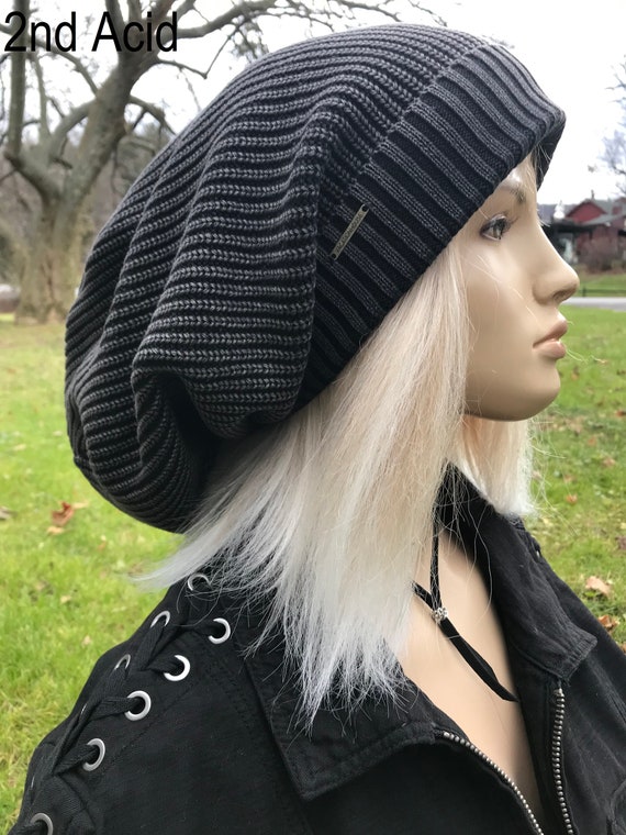 Extra Long Tam Thick Slouch Hat Black or Acid Washed Extra Long Distressed  Big Head Bulky Chunky Baggy Beanie Black or Gray A1894 