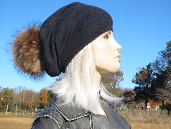 Fur Pom Pom Beanie Gray Cashmere Hat Charcoal Wool Knit  display picture 1
