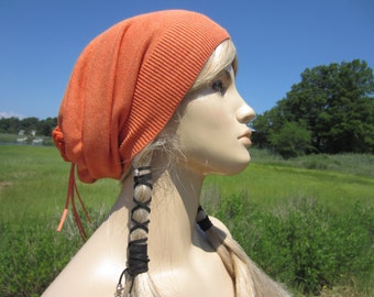 Lightweight Summer Slouchy Beanie Hat Long Back Tube Tam Orange Cotton Knit A1299