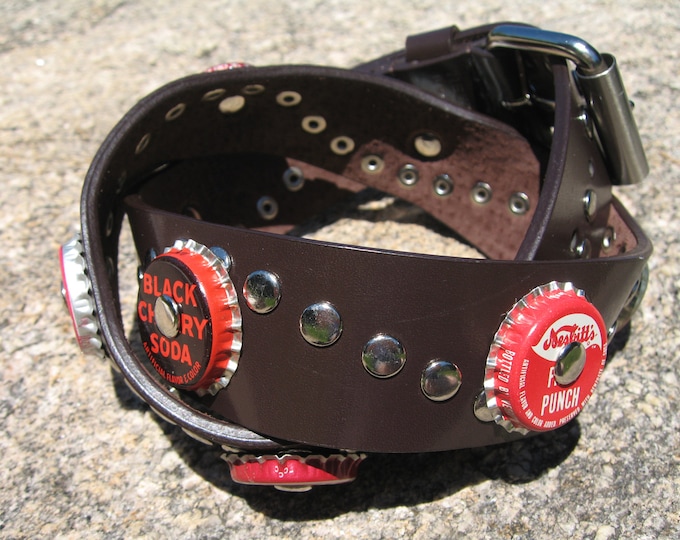 Bottle Cap Belt, Wide Brown Leather Belt, Upcycled Vintage Bottlecap