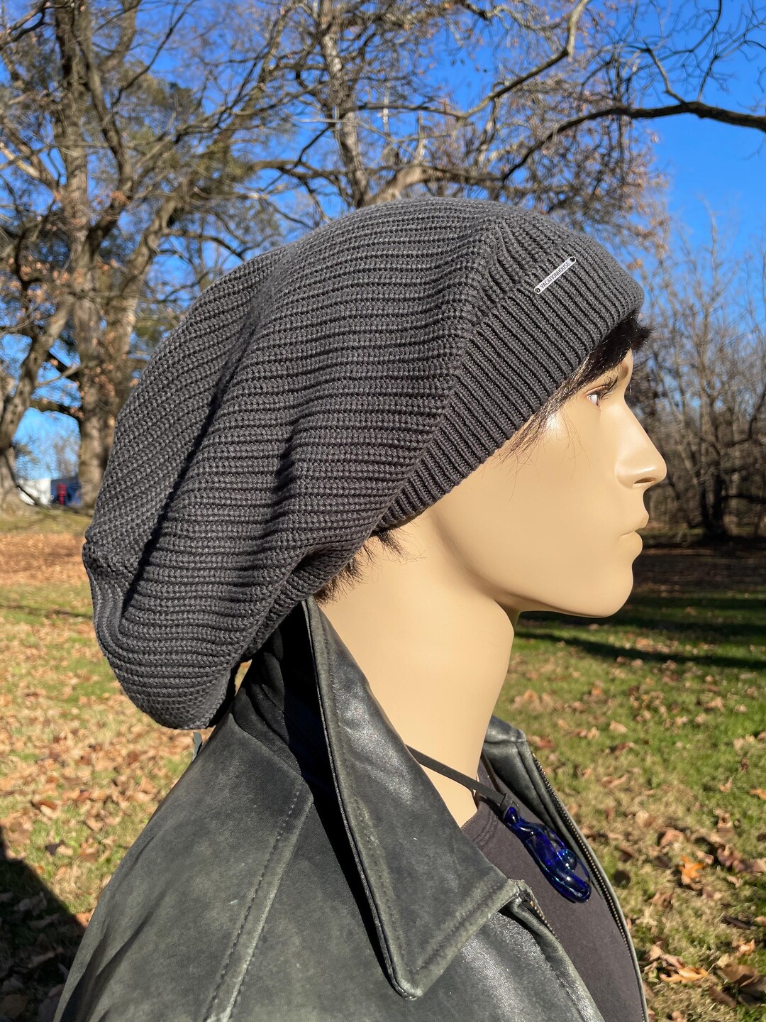 Men's Knit Hat Oversized Slouch Dread Tam Hat Charcoal Gray