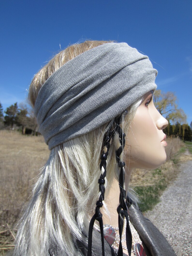 Hipster Hair Wrap Headband Yoga Turban Cotton Light Gray Cloud Women's Wide Knit Hair Band A1149 image 2