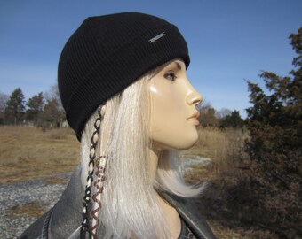 Skullcap Black Thermal Knit Top Beanie Hat Cotton Lightweight