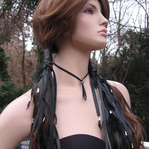 Black Leather Ponytail Holder Fringe Hair Wrap Extensions with Feathers, BOHO Hair Jewelry Braid cover sleeve Z1222