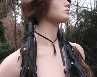 Black Leather Ponytail Holder Fringe Hair Wrap Extensions with Feathers, BOHO Hair Jewelry Braid cover sleeve Z1222