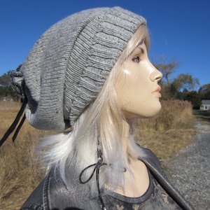 Warm Winter Slouchy Hat Wool Beanie Gray Tweed Slouch Tams Women's Tie Back Hats BOHO Clothing A1842