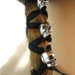 Skull Hair Jewelry Black Leather Hair Ties Ponytail Holder Biker Goth Punk Horror Wrap Extensions Braid in Z106 image 3