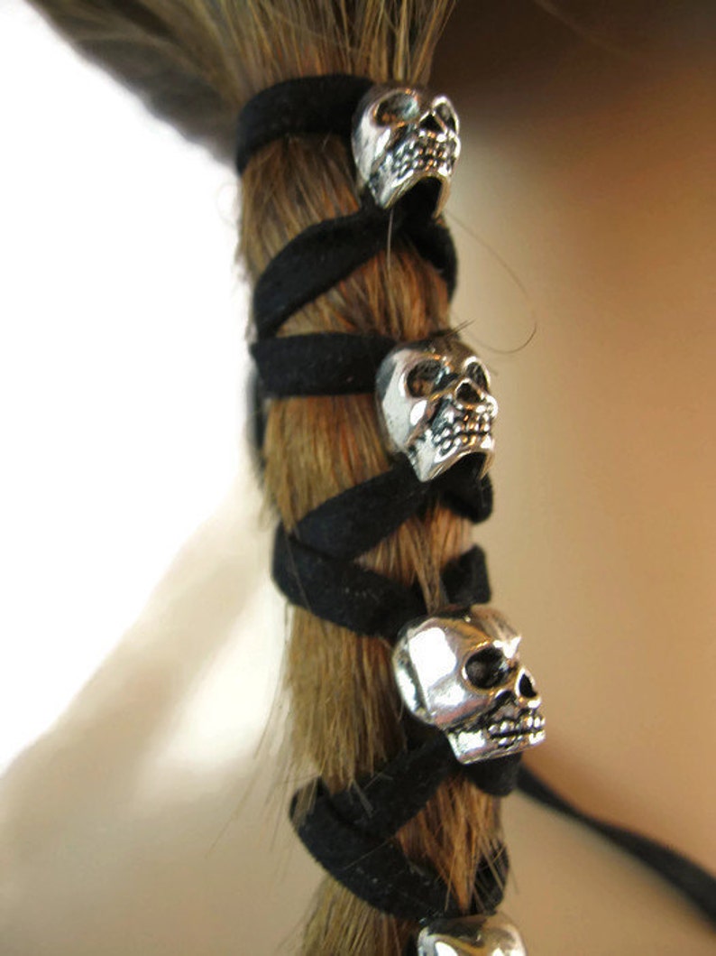 Skull Hair Jewelry Black Leather Hair Ties Ponytail Holder Biker Goth Punk Horror Wrap Extensions Braid in Z106 image 3