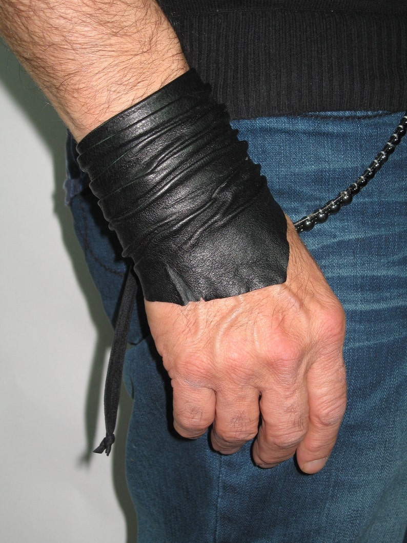 Men's Black Leather Cuff Bracelet Wristband Unisex Etsy