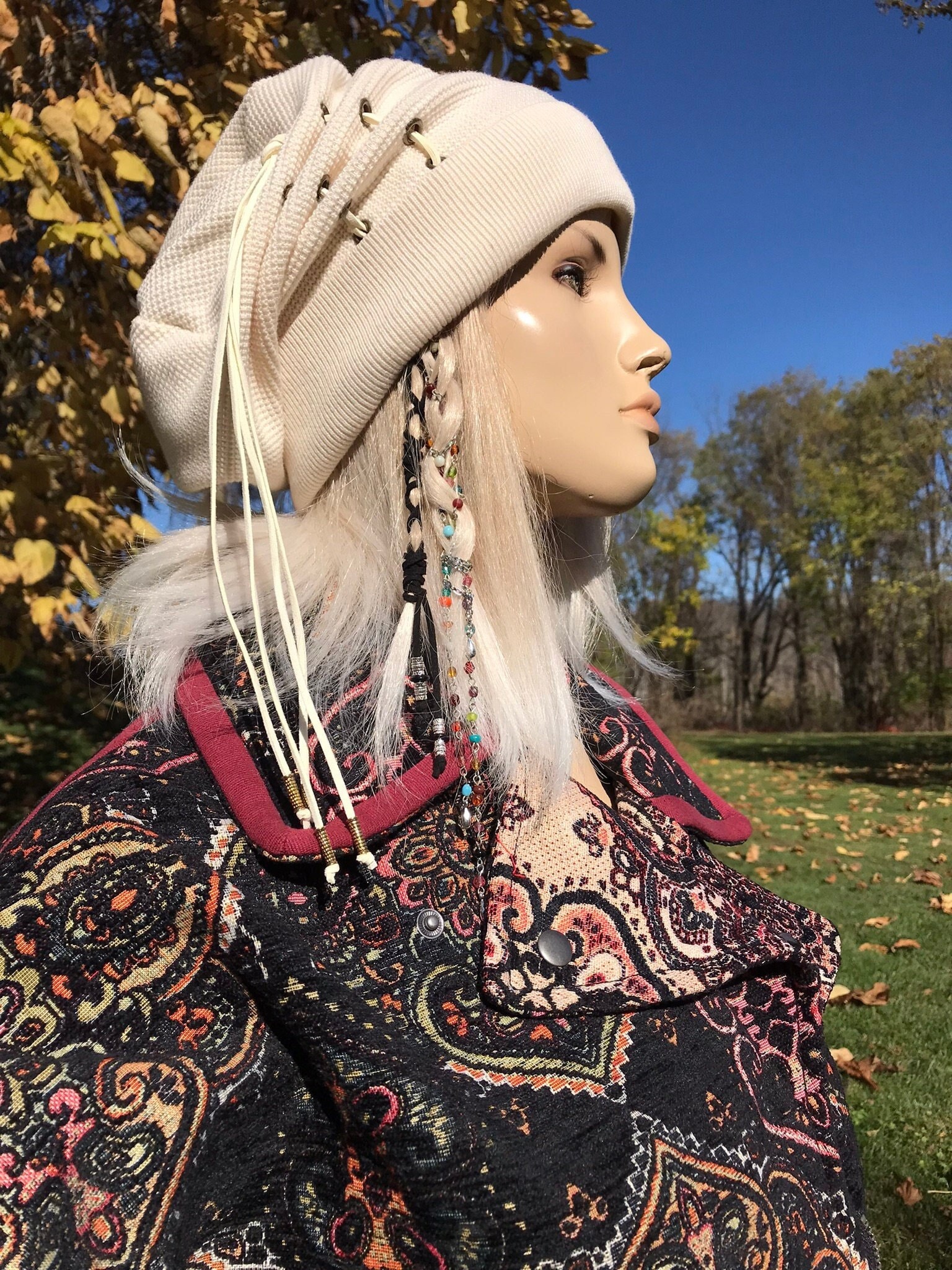 Women Slouchy Beanies Knit Hat Ivory Off White Thermal Tam Warm Winter Cotton Leather Lace Corset Tie Cream BOHO Streetwear Clothing A2243