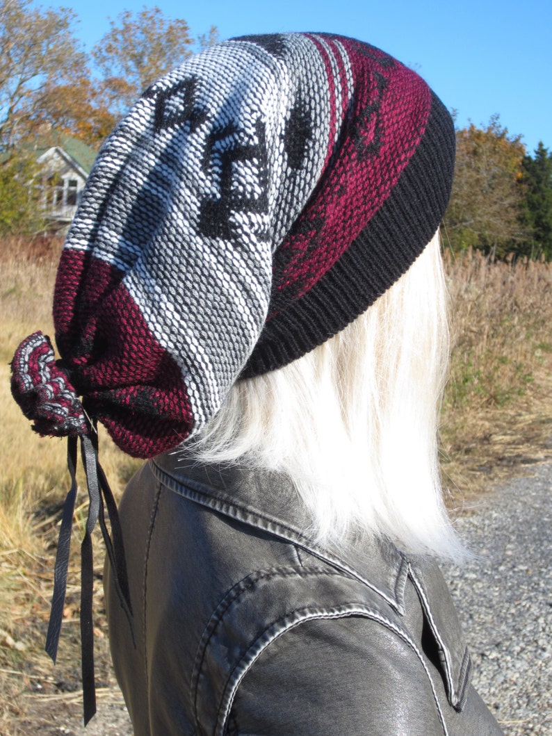 Tribal Print Slouchy Beanies Knit Warm Winter Hat Gray Black Burgundy Fair Isle Print Baggy Leather Tie Back Stocking Cap A1580