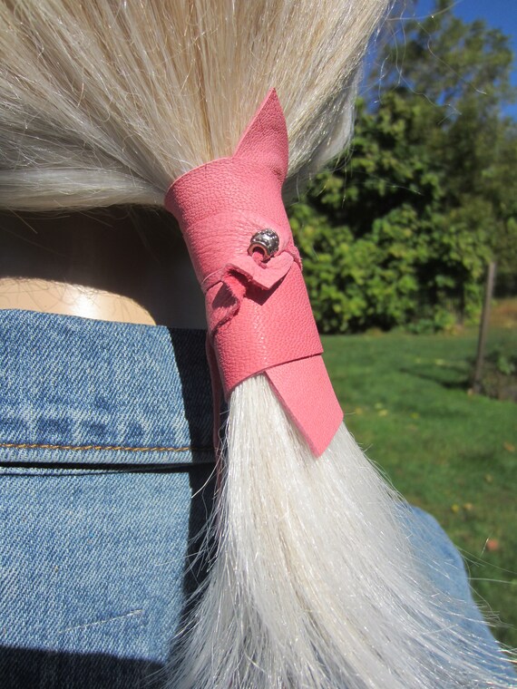 Ponytail Holder Beaded Hair Tie Red Leather Wrap Pony Tail Cuff