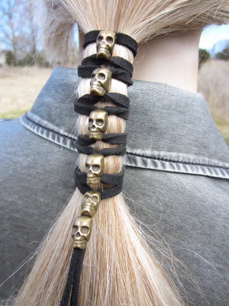 Skull Hair Jewelry Black Leather Hair Ties Ponytail Holder Biker Goth Punk Horror Wrap Extensions Braid in Z106 image 4