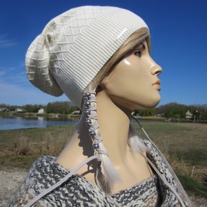 Lightweight Hats Summer Slouchy Beanie BOHO Clothing for Women Diamond Patterend Knit Ivory Cream Cotton Slouch Tam A1699 image 2