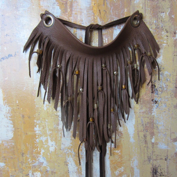 Leather Fringe Beaded Bib Necklace Brown Leather Neck Cuff Bohemian Jewelry  L2008