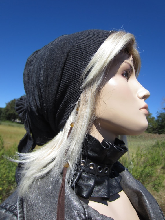 Womens Fashion Hats Slouch Beanie Rose Back Rag Wrap Charcoal Gray Cashmere Cotton Knit Hat A1496-C