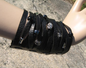 Wide Black Leather Cuff Bracelet, Sliced Silver Beaded Fringe Wrist Wrap Bohemian Jewelry by Vacationhouose  L2044
