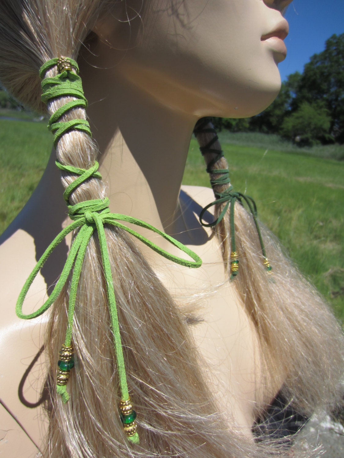 Leather Ponytail Holder Beaded Hair Ties Braid Wraps Lime Green Suede Extensions Bohemian Hair Accessories   Z114