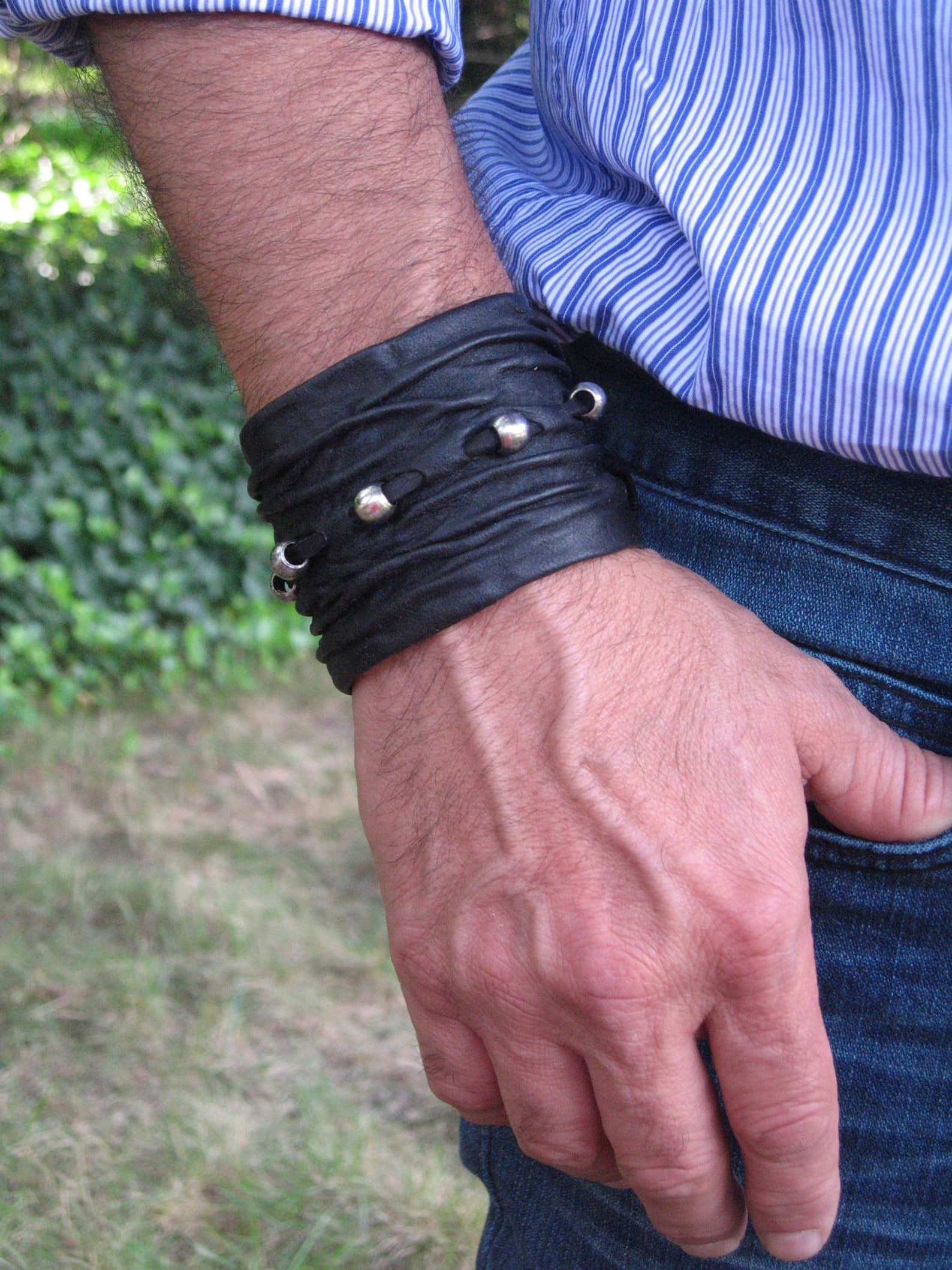 Black Leather Wristband Cuff Bracelet Men's Womens Crushed Etsy