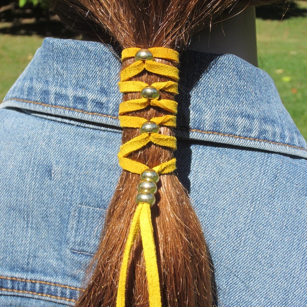 Gomas para el cabello de cuero, cintas para el cabello, sujetadores de coleta, cuentas doradas, gamuza, trenzado, accesorios de joyería para el cabello trenzado Z106