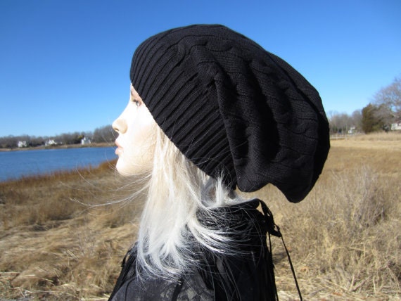 Slouch Tam Baggy Cable Knit Slouchy Women's Black Hat Long Back Cotton Dread Tam Thick Warm Winter Hat A1034
