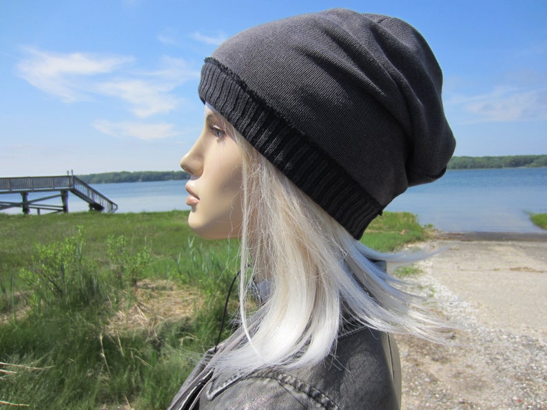 Post Apocalyptic Clothing Reworked Slouchy Beanie Hat Black Charcoal Gray Cotton Distressed Genuine Leather Belt Acid Washed Skull Cap A1972 image 3