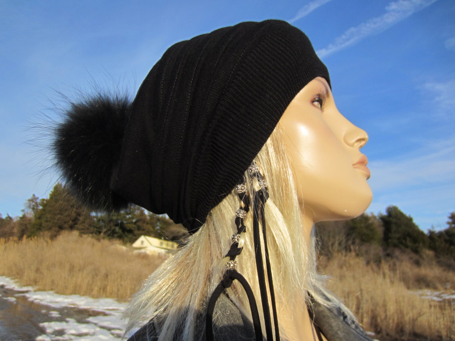 Black Cashmere Knit Hat Fur Pom Pom Beanie Baggy Back Tam  display picture 1