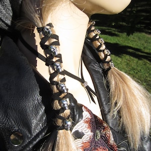 Skull Hair Jewelry Black Leather Hair Ties Ponytail Holder Biker Goth Punk Horror Wrap Extensions Braid in Z106 image 7