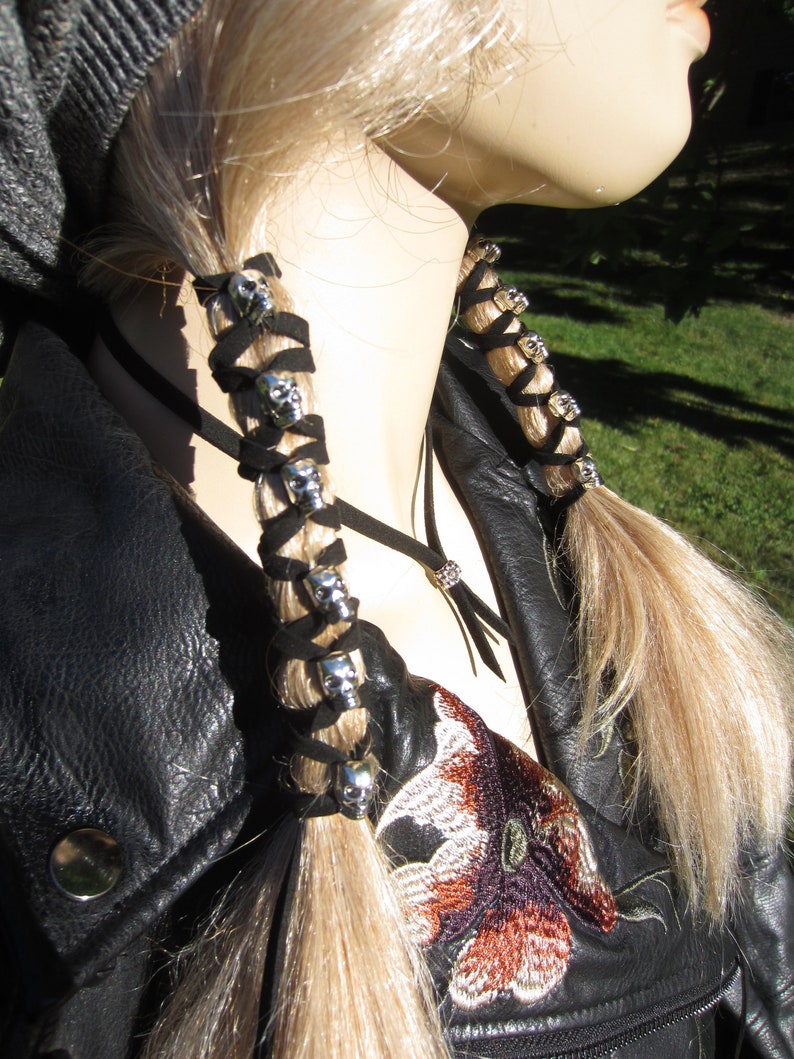 Skull Hair Jewelry Black Leather Hair Ties Ponytail Holder Biker Goth Punk Horror Wrap Extensions Braid in Z106 image 7