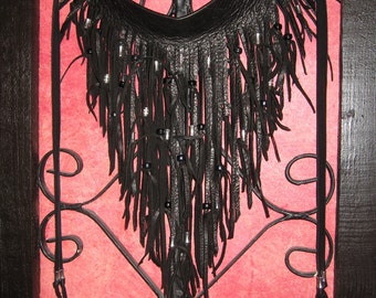 Black Leather Fringe Statement Necklace Scarf  Neck Cuff Bib Edgy Rocker Style Clothing Sexy Club Wear  L2010