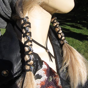 Skull Hair Jewelry Black Leather Hair Ties Ponytail Holder Biker Goth Punk Horror Wrap Extensions Braid in Z106 image 2