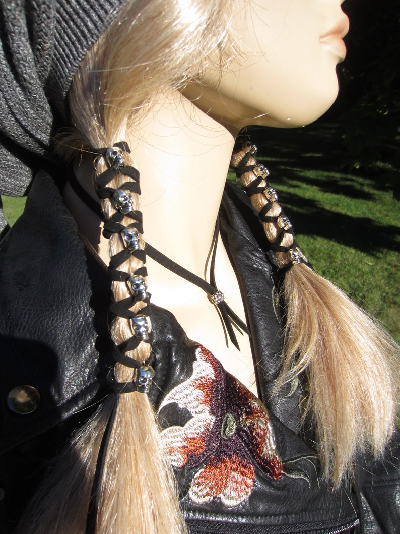 Skull Hair Jewelry Black Leather Hair Ties Ponytail Holder Biker Goth Punk Horror Wrap Extensions Braid in Z106 image 2