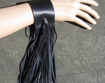 Black Leather Fringe Cuff Bracelet, Wrist Wrap Wristband Silver or SKULL Bead Edgy Rocker Jewelry L2006