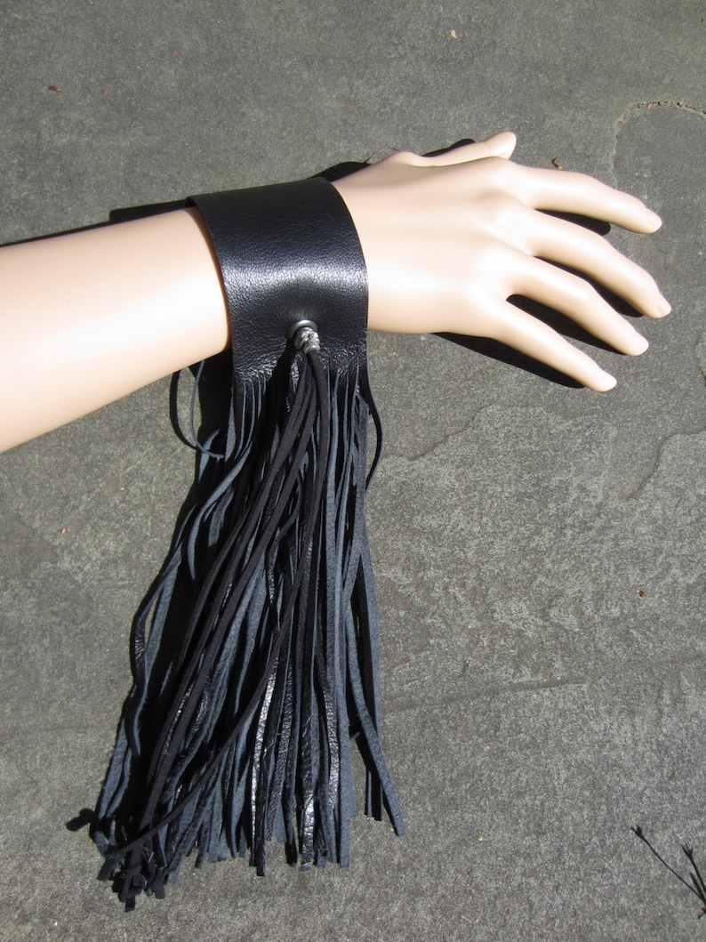 Black Leather Fringe Cuff Bracelet Wrist Wrap Wristband Etsy