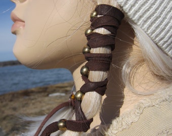 Braid in BOHO Clothing Leather Hair Wrap Ties Ponytail Holder Beaded Hair Accessories Genuine Leather Black Brown Z106