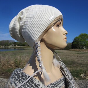 Lightweight Hats Summer Slouchy Beanie BOHO Clothing for Women Diamond Patterend Knit Ivory Cream Cotton Slouch Tam A1699 image 4