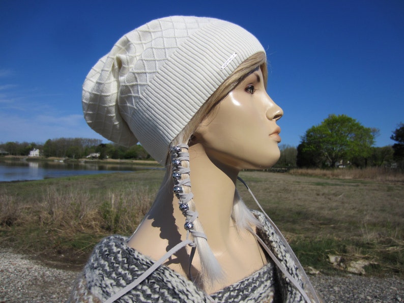 Lightweight Hats Summer Slouchy Beanie BOHO Clothing for Women Diamond Patterend Knit Ivory Cream Cotton Slouch Tam A1699 image 4