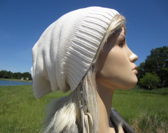 Winter White Knit Slouchy Beanie Hat Ivory Womens Leather Tie Back Slouch Beanie A1281