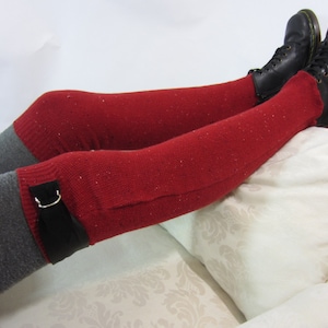 Black Leather Trim Thigh High Boots Socks Red Wool Leg Warmers Tall Thick Over the Knee Warm Winter Women&#39;s Legwarmers A1608-L