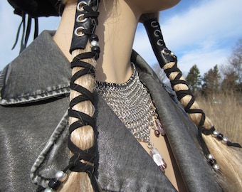 Corset Hair Wraps Black Leather Tie Beaded Ponytail Holder Hair Jewelry Extensions Z103