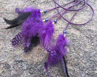 Bohemian Hair Jewelry Extension Long Leather Wrap Ties Purple Feathers and Glass Beads Ponytail Holder Z106F
