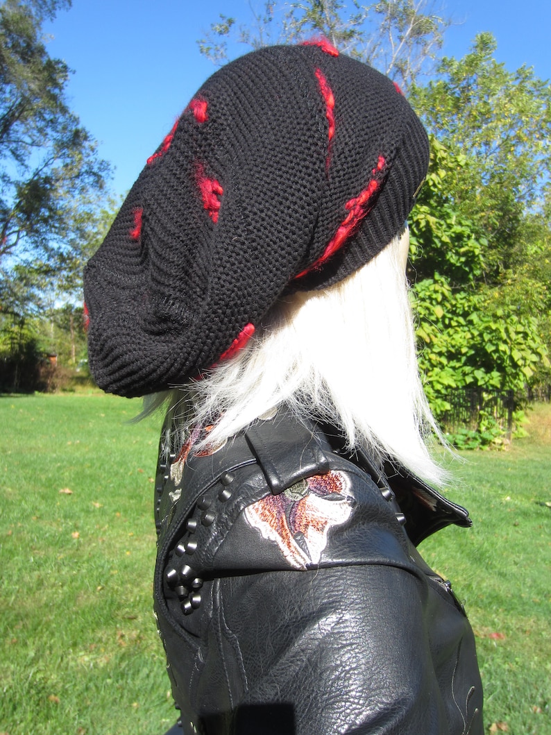 Black Oversized Slouch Tam Hat Black Cotton Blend Post Apocalyptic Reworked clothing Thick Bulky Big Beanie Embroidered Red or White A1988