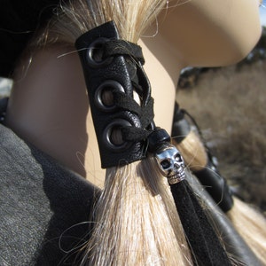 Skull Ponytail holder Hair Wraps Black Leather Corset Tie Beaded Hair Extensions  Z103