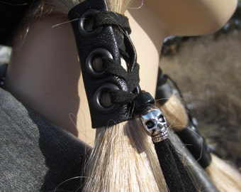 Skull Ponytail holder Hair Wraps Black Leather Corset Tie Beaded Hair Extensions  Z103