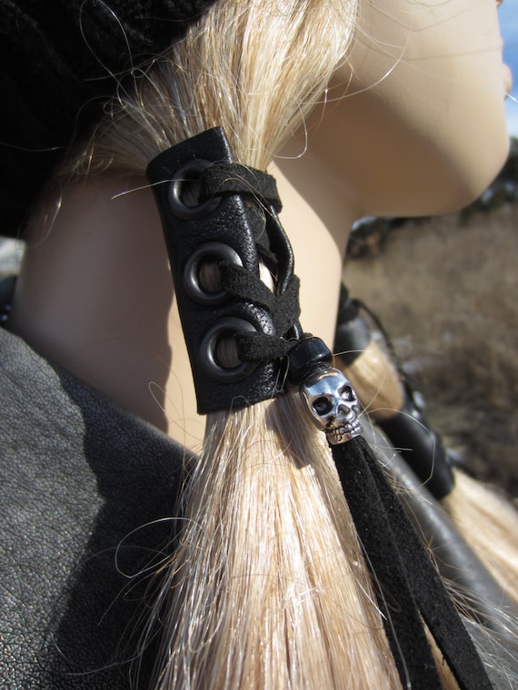 Skull Ponytail Holder Hair Wraps Black Leather Corset Tie Beaded