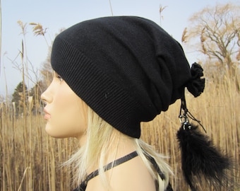 Edgy Cashmere Slouchy Beanie Womens Hat Black Knit Tam Bohemian clothing with Leather and Feather Hair Ties A806