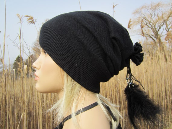 Black Cashmere Slouchy Beanie Hat Villand 100% Cashmere Slouchy Beanie Hat for Women, Knitted  main image 3