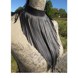 Leather Fringe Bib Necklace, Black Leather Scarf Jewelry Sexy Rocker Clubwear Choker Big Statement Pieces L2007 image 1