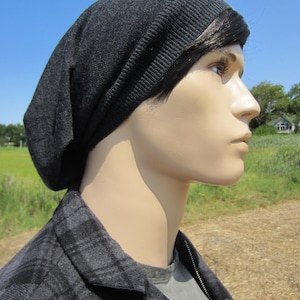 Men&#39;s Merino Wool Slouchy Beanie Charcoal Gray Hat Long Slouch Back Knit Tam A1195